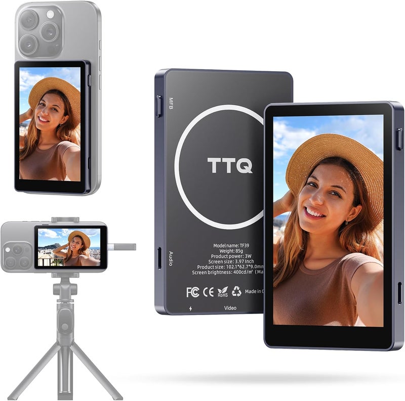 TTQ Vlog Selfie Monitor Screen, Magnetic Phone Vlog Selfie Monitor Screen 4K 30fps Bluetooth Remote, Back Camera Monitor for Vlog Live Stream TikTok, Compatible with iPhone & Android - Image 1